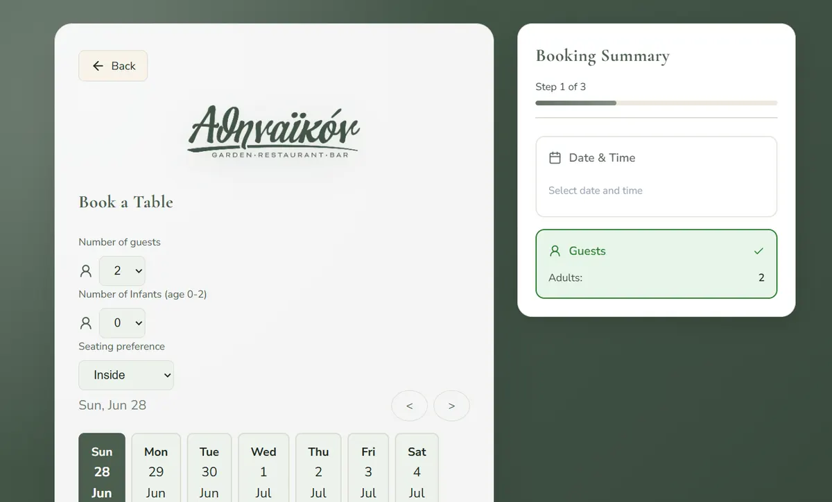 Athinaikon booking flow preview