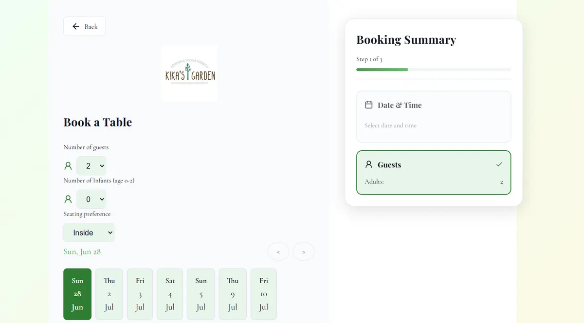 Kikas Garden booking flow preview