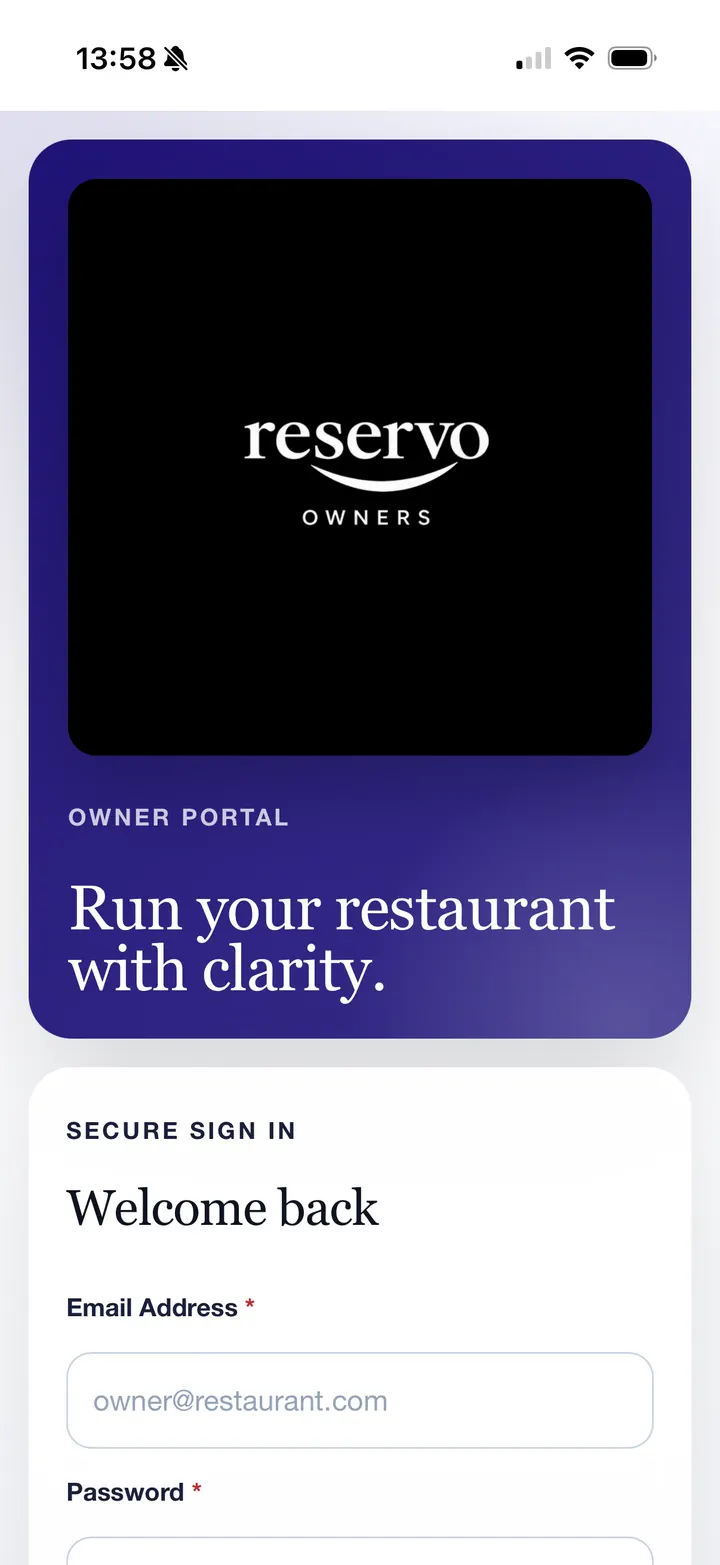 Reservo owner portal login preview